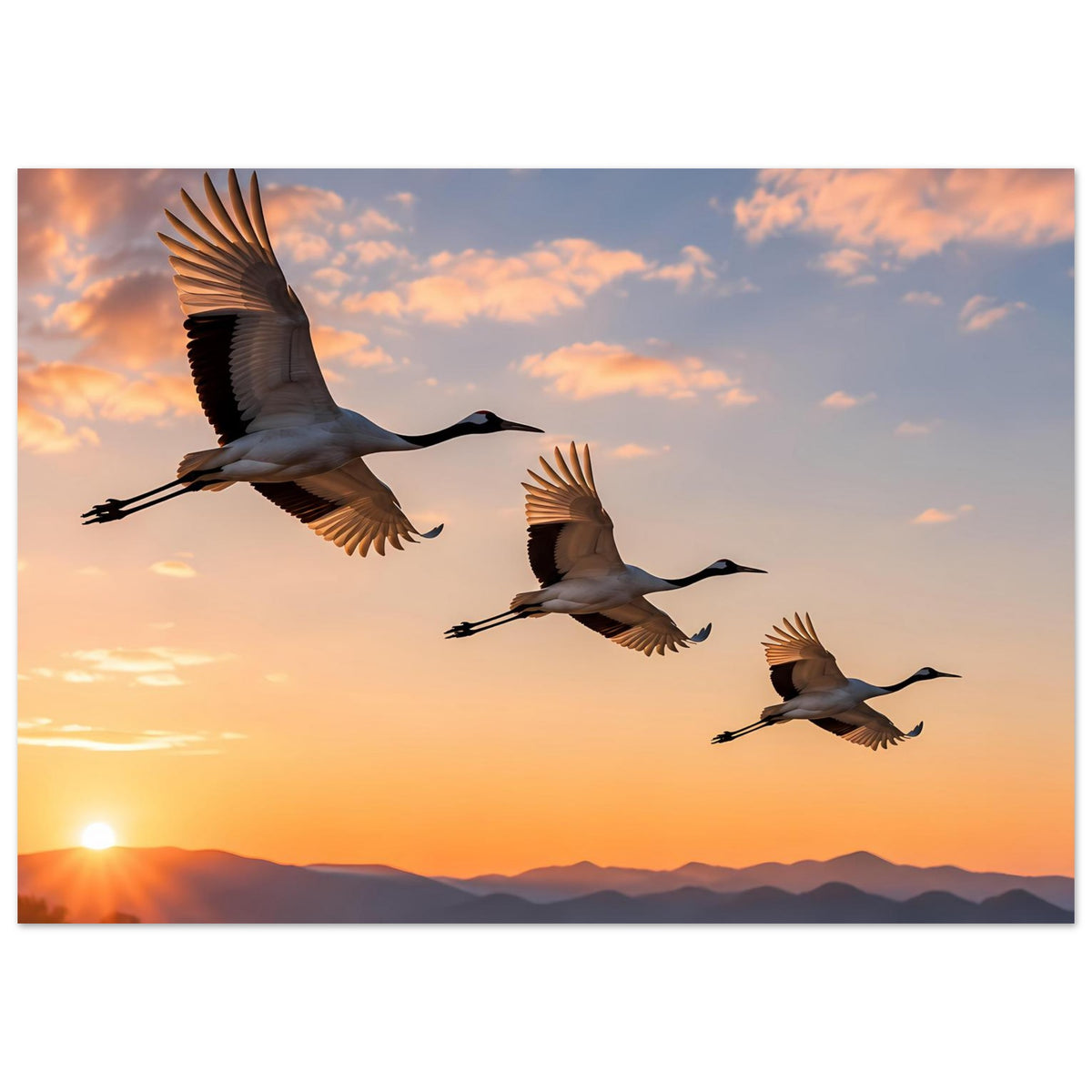 Poster mit vier Kranichen im Flug vor orangefarbenem Abendhimmel