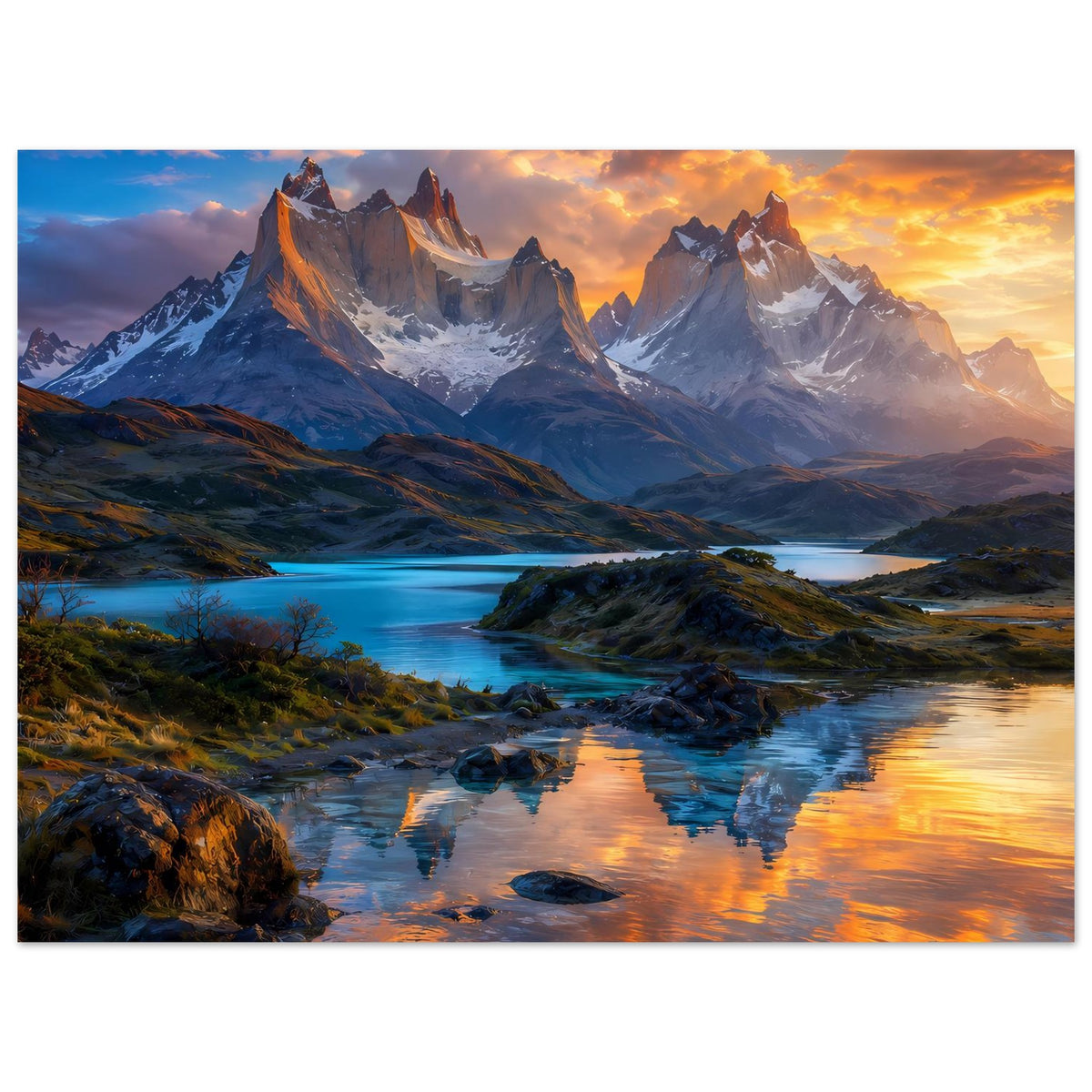 Wandposter mit Landschaft bei Sonnenuntergang: schneebedeckte Berge, Fluss, Felsbrocken.