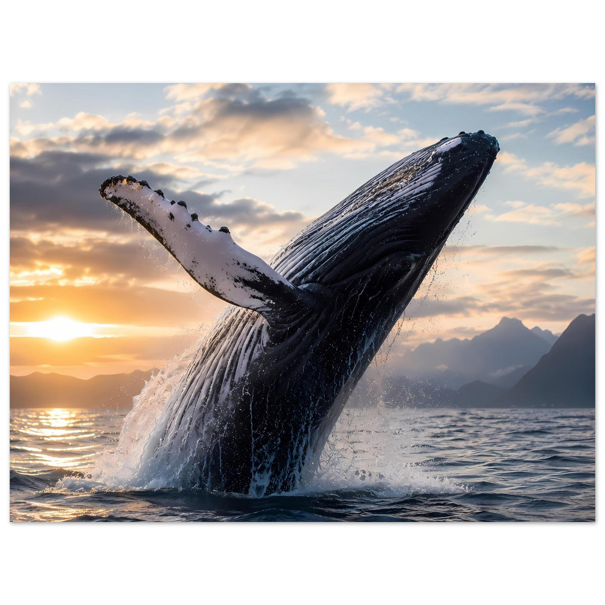 Poster: Buckelwal springt über die Wasseroberfläche, Sonnenuntergang und Wolken
