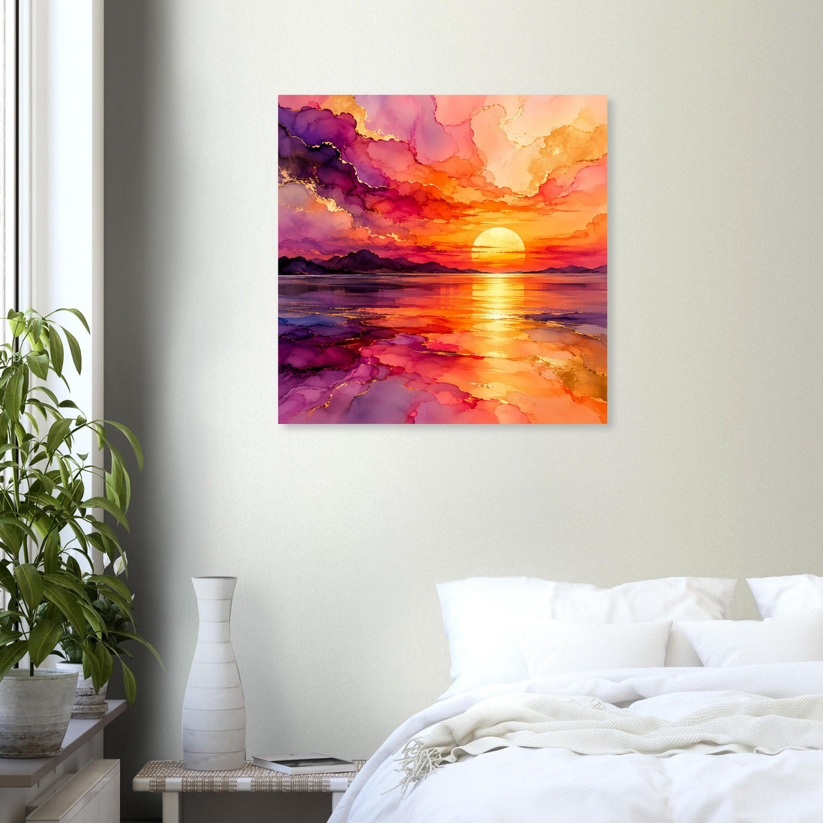 Quadratisches Poster mit Sonnenuntergang über Wasser, violett und orange
