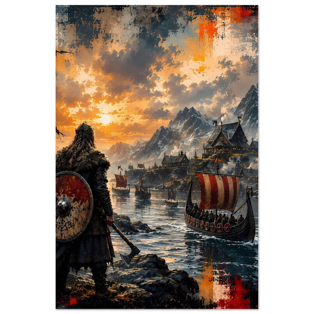 Wikinger-Saga-Poster, vertikal: Wikingerkrieger mit Schild und Langschiff bei Sonnenuntergang.