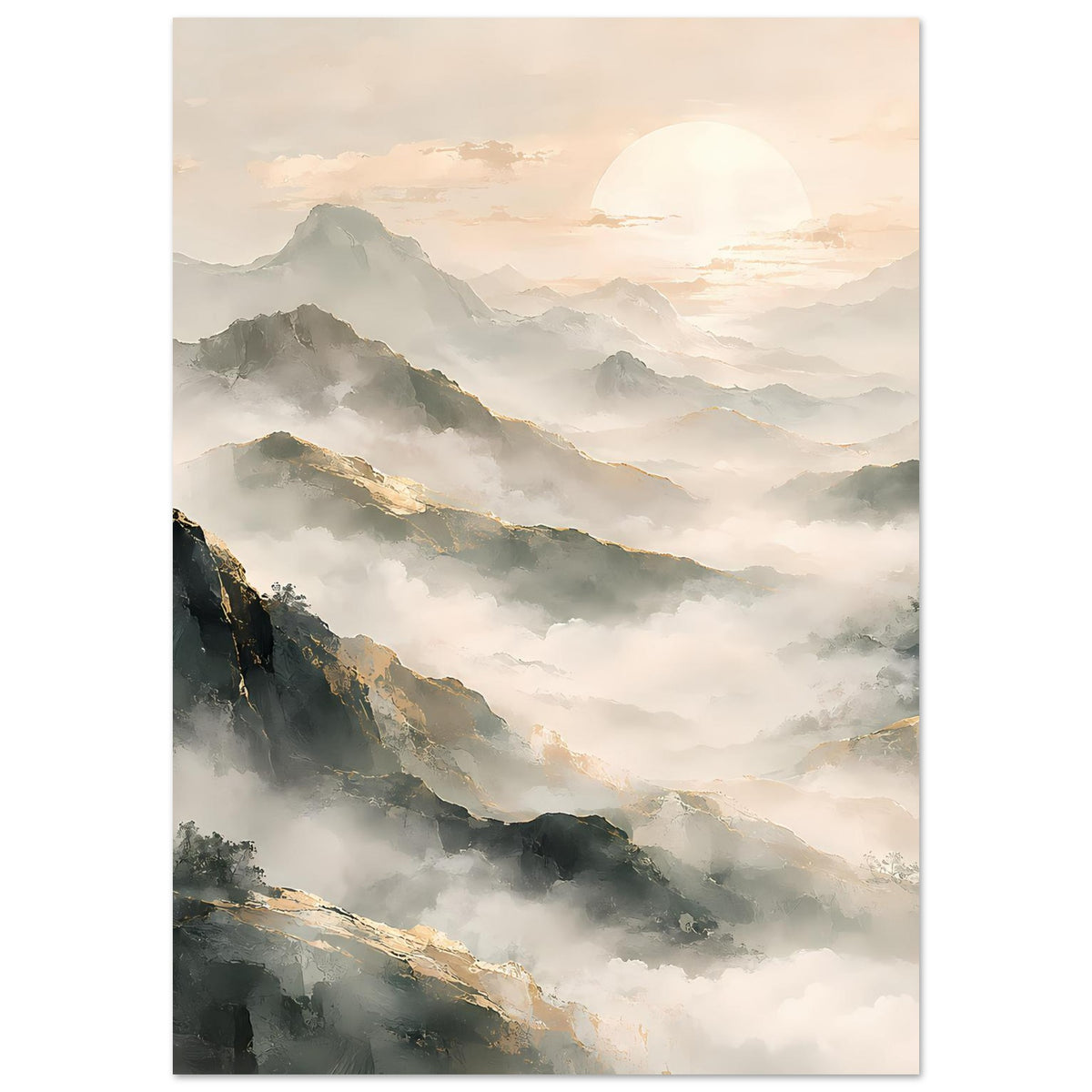 Poster im Hochformat mit Bergkette links, weichen Nebelflächen und hellem Himmelsrand