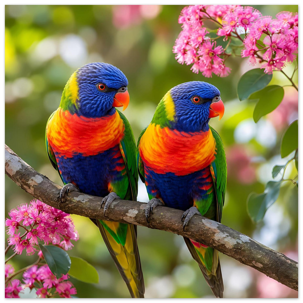 Poster mit zwei Regenbogen-Lorikeets auf Ast, rosa Blüten über den Köpfen