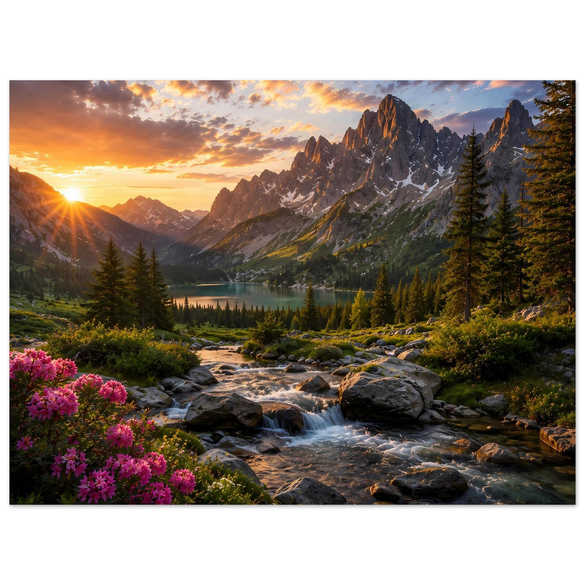 Hochformatiges Landschafts-Poster: warmes Abendlicht, Berggipfel, Fluss, Fichten und Blüten
