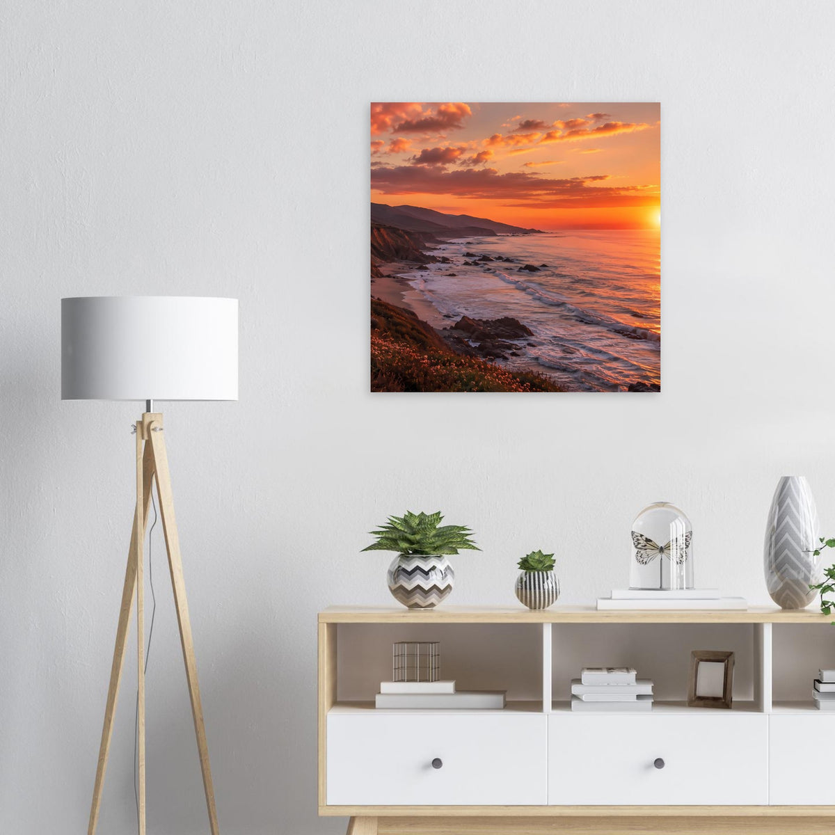 Quadratisches Poster mit Meerblick bei Sonnenuntergang und orangefarbenem Himmel