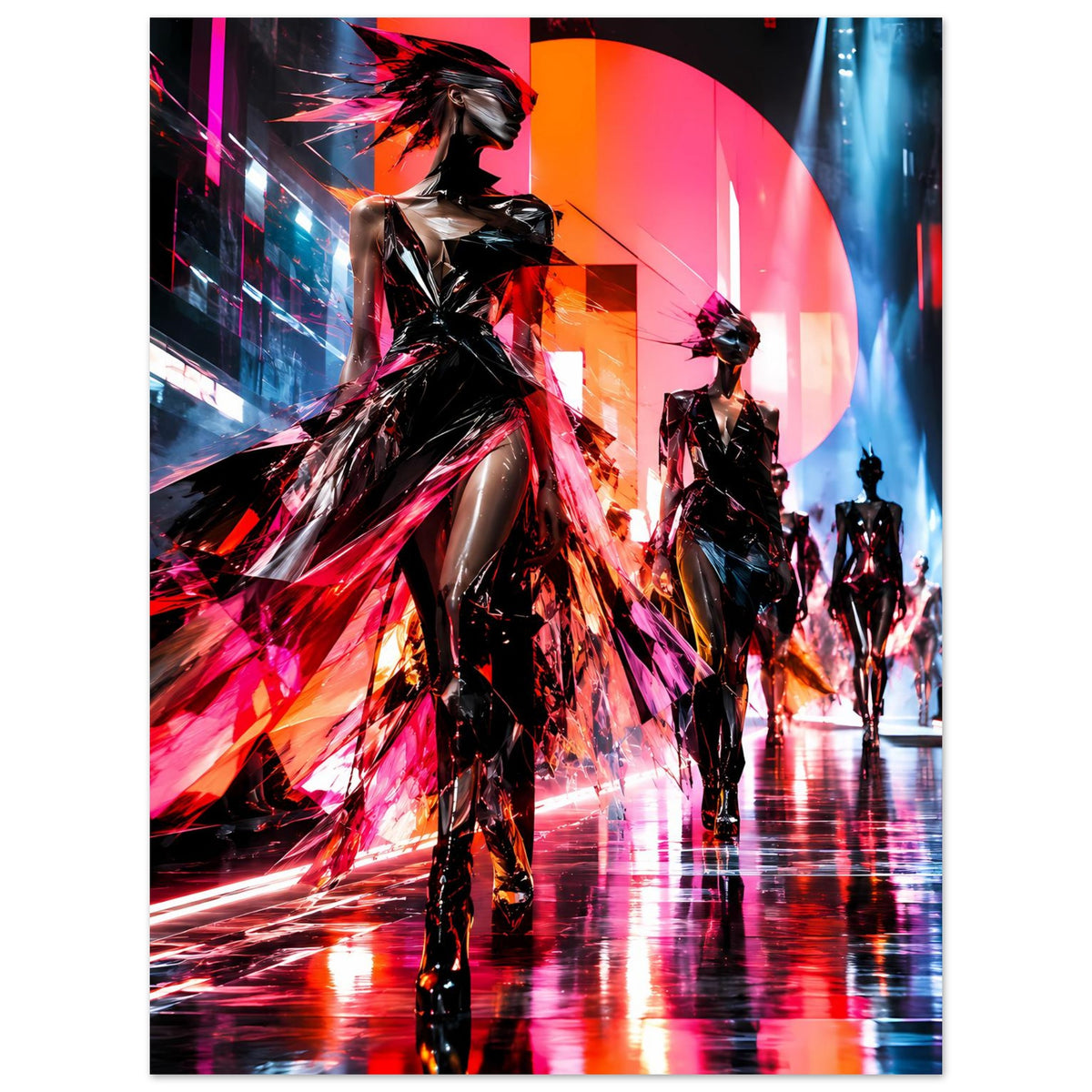 Neon-Fashion-Poster, vertikal: Laufsteg-Silhouetten in Schwarz mit roten und blauen Lichtstreifen