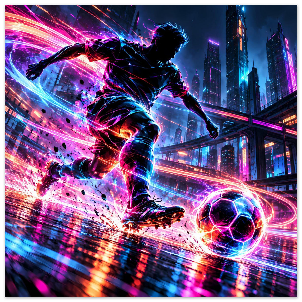 Neon-Fußball-Actionposter: Spieler im Sprint mit leuchtenden Lichtspuren, Ball im Vordergrund