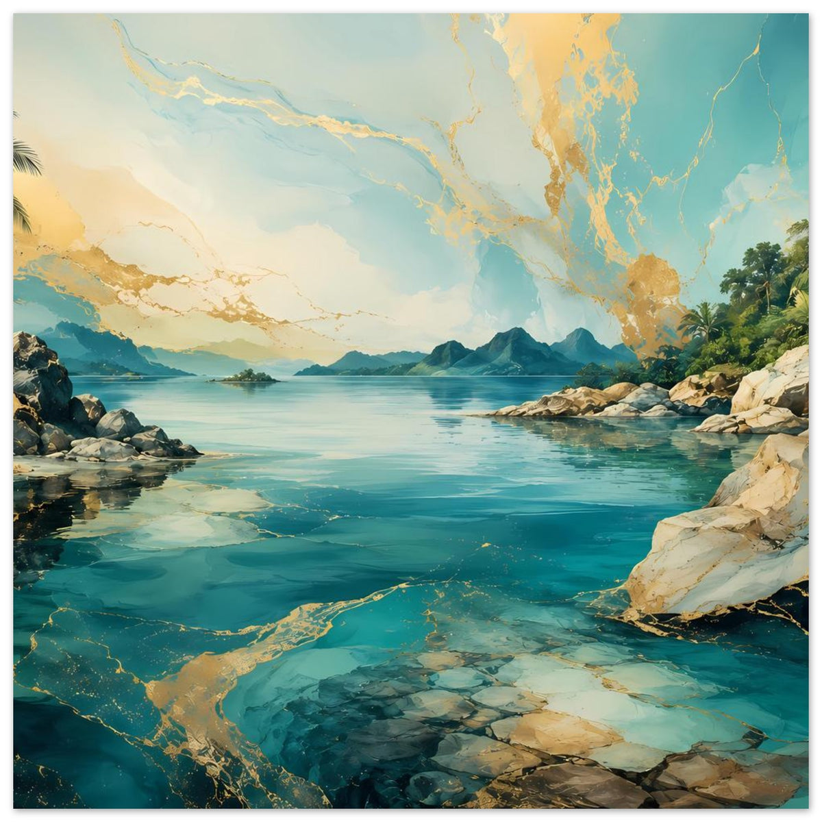 Poster mit Küstenlandschaft: türkisblaues Meer, Felsufer rechts, Berge und wolkiger Himmel.