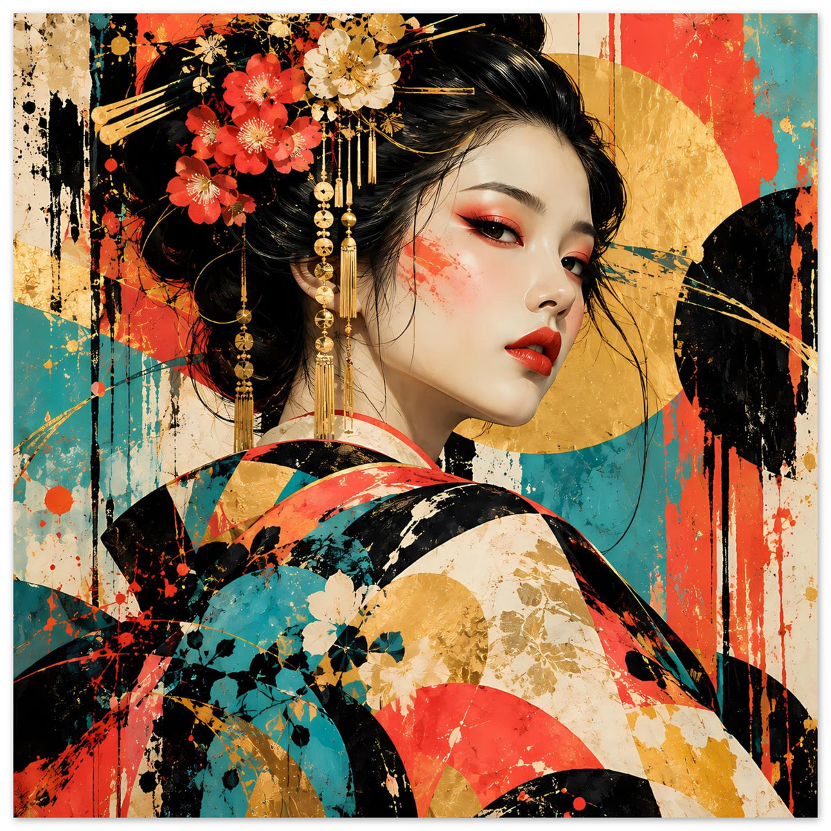 Kunstposter mit Geisha-Frau, Blüten im Haar, rotes und blaues Farbkonzept im Gewand