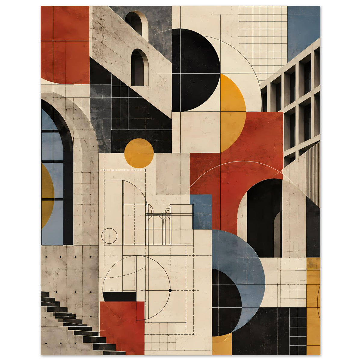 Kunstposter mit geometrischer Architektur, Terrakotta und Schieferblau, viele Linien & Kreise
