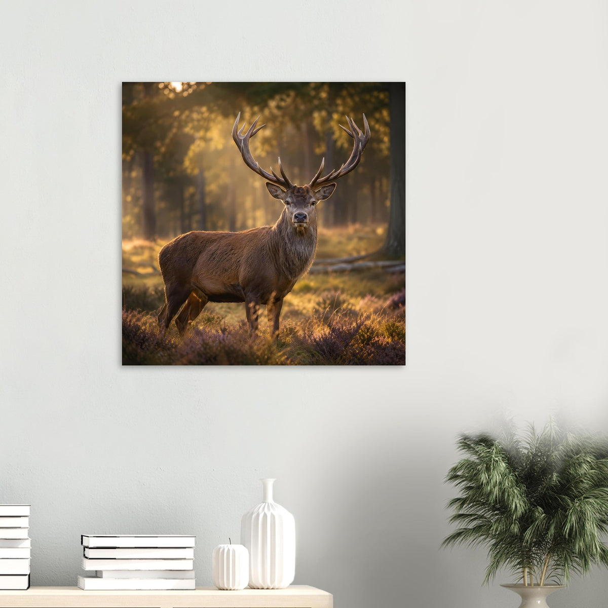 Kleines Poster mit Hirschbock und großem Geweih, braunes Fell, warmes Licht im Wald