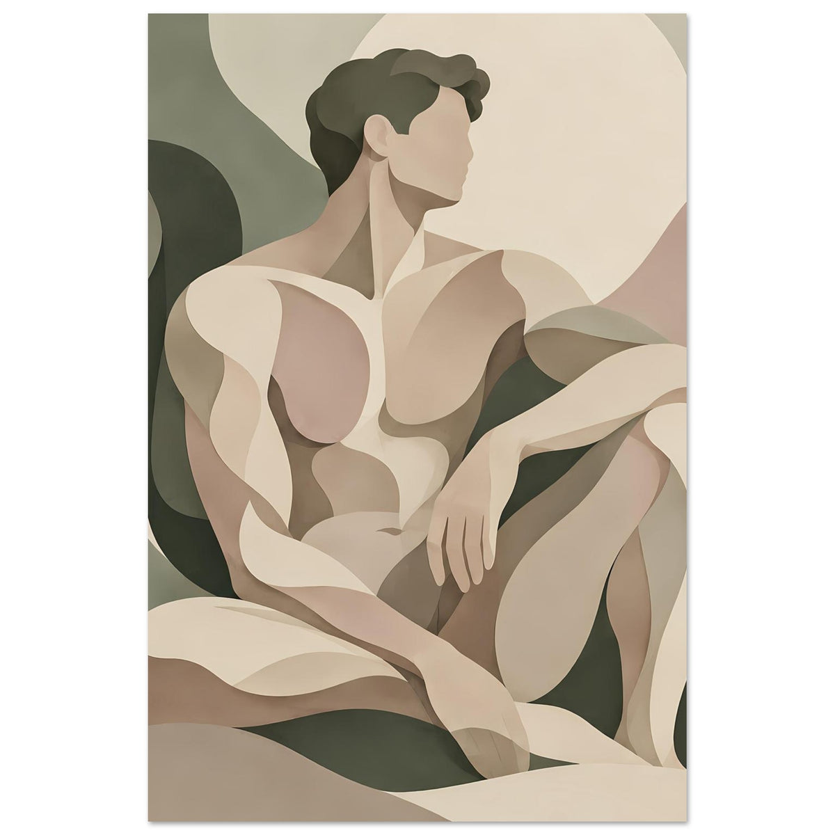 Gerahmter Kunstdruck mit abstrakter weiblicher Aktfigur in Beige-, Grün- und Brauntönen