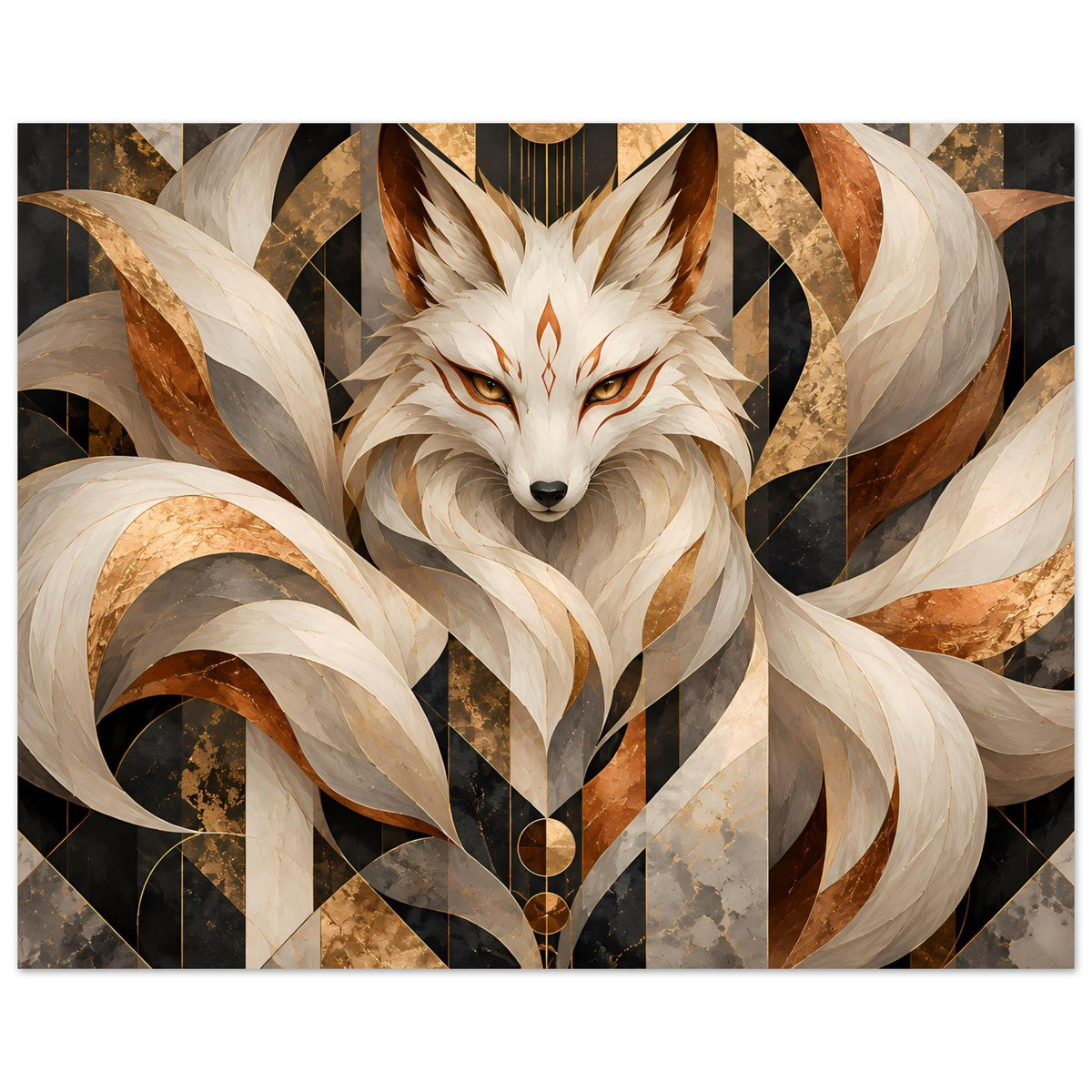 Geometrisches Poster: Fuchs mit goldenen Akzenten, Erdtöne und schwarz-weißen Formen
