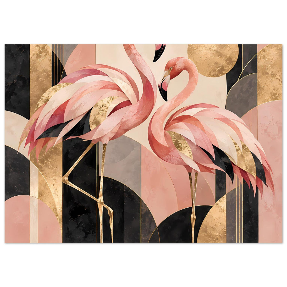 Zwei rosa Flamingos vor geometrischem Hintergrund mit Goldakzenten in Schwarz und Creme – Posteransicht 23