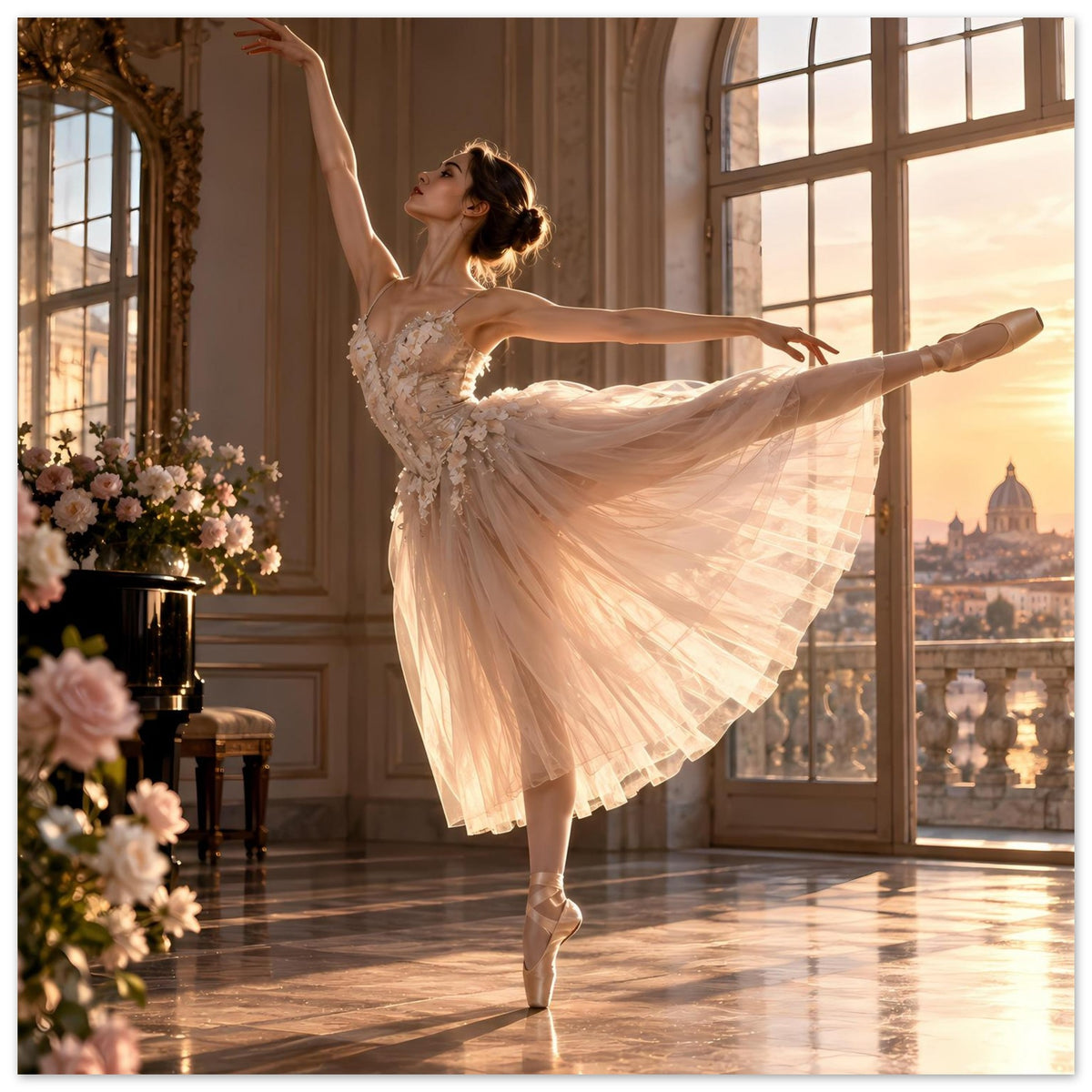 Poster mit Ballerina im weißen Spitzentutu, ballettartig in Pose auf der Fußspitze