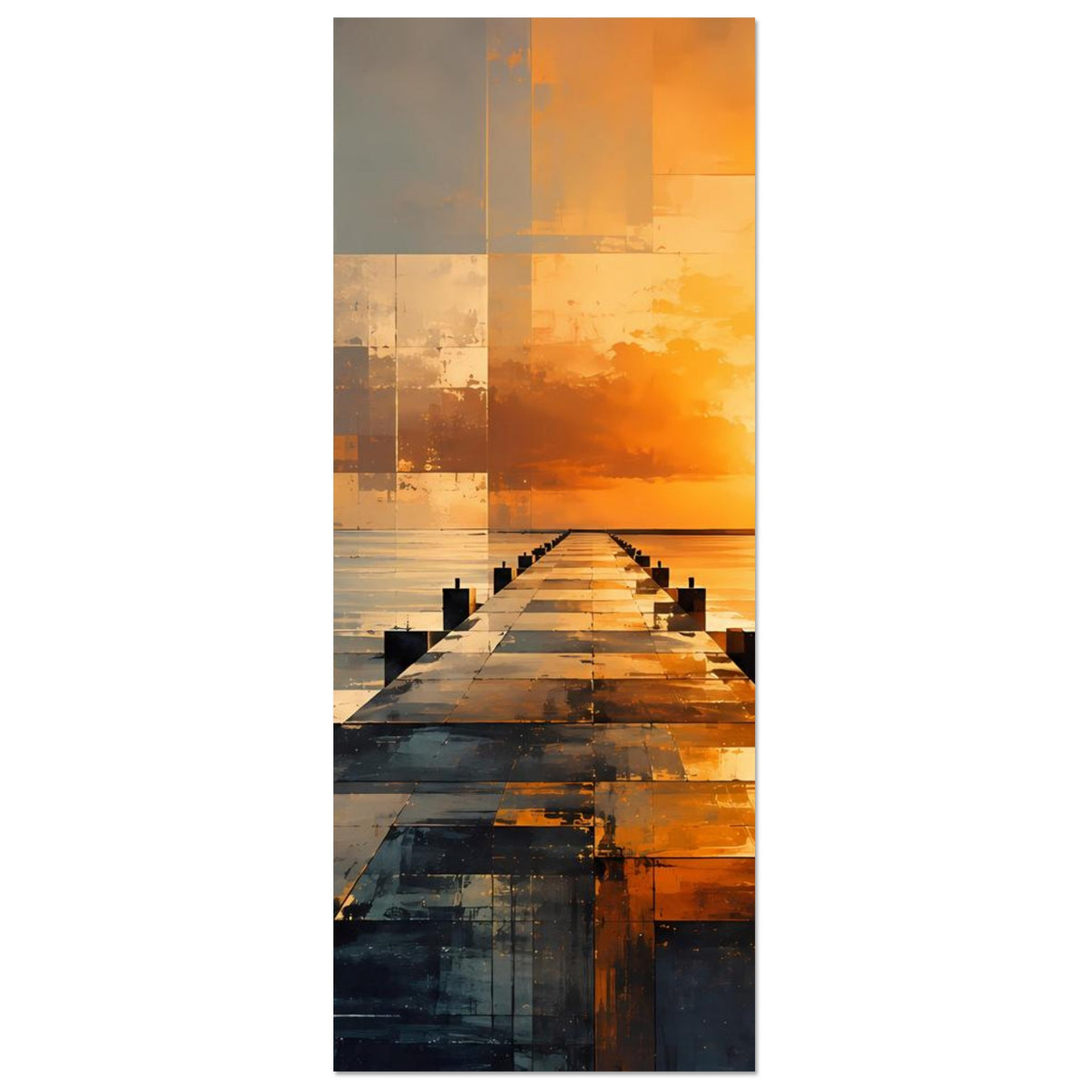 Vertikales Sonnenuntergangs-Pierposter mit geometrischen Quadraten und Meerblick