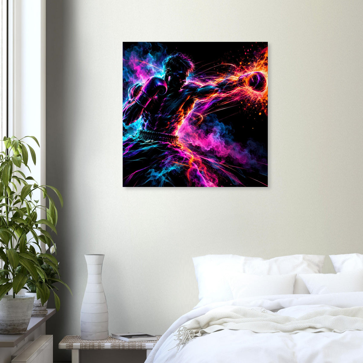 Quadratisches Poster mit Neon-Boxer-Motiv und bunten Lichtspuren vor dunklem Hintergrund