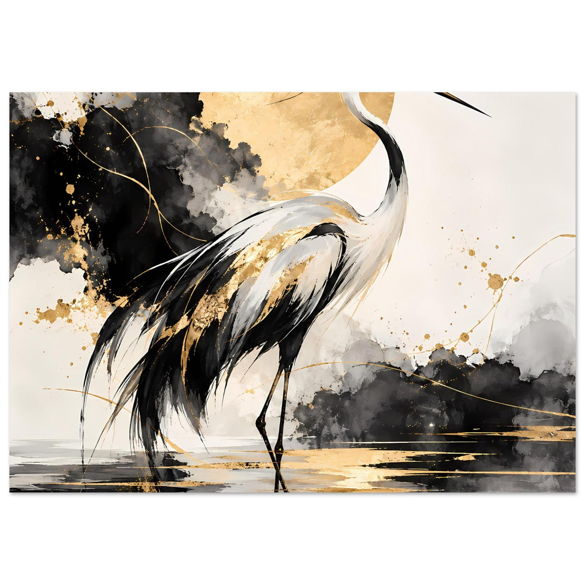 Vogelposter mit Kranich in Schwarz und Gold auf abstraktem Hintergrund, Querformat.