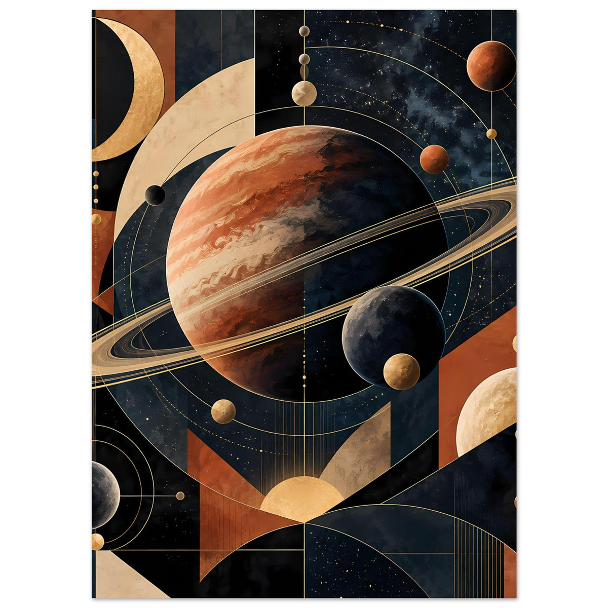 Poster mit Planet und Saturnring, feinen Orbitlinien und geometrischen Flächen in Erdtönen