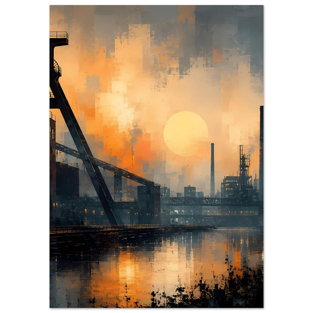 Industrielles Dämmerungs-Wandposter, Hochformat mit Schornsteinen, See und orangefarbenem Licht