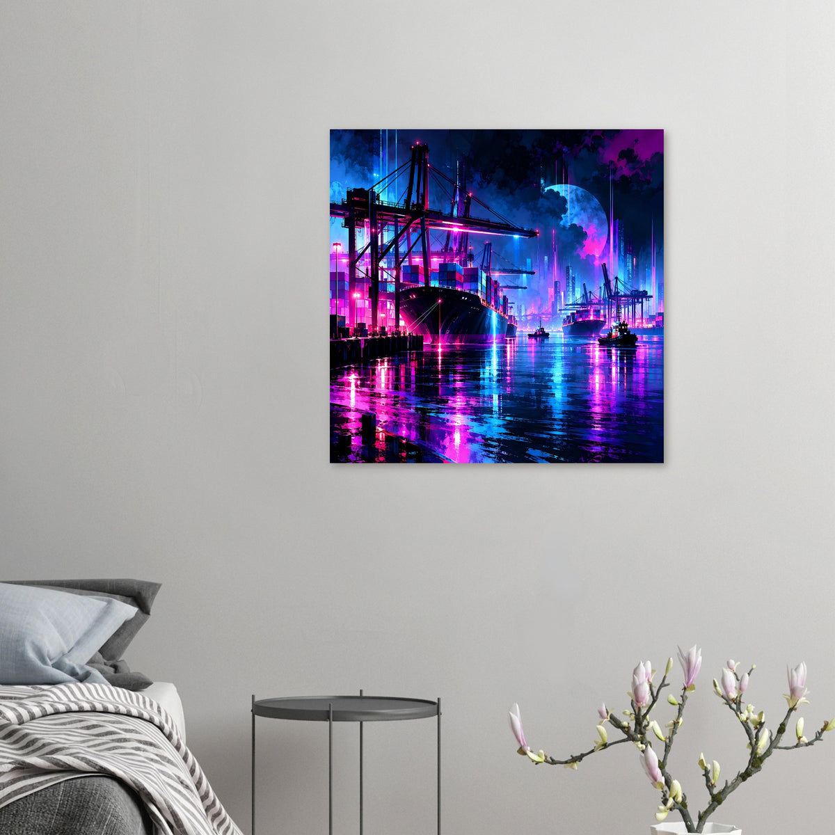 Kleines Neon-Hafen Poster mit Brücke, Schiffsanlagen und farbigen Spiegelungen im Wasser