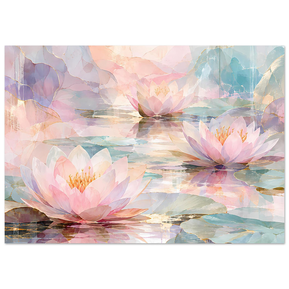 Floralposter mit Seerosen auf ruhigem Wasser in Pastelltönen, Querformat