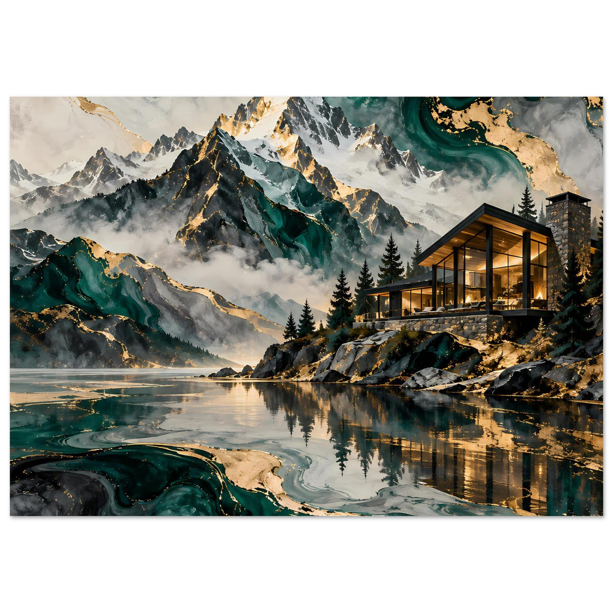 Berglandschafts-Poster im Landschaftsausschnitt: See, schneebedeckte Berge, Nadelwald, beleuchtetes Chalet, türkisgrüne Details.