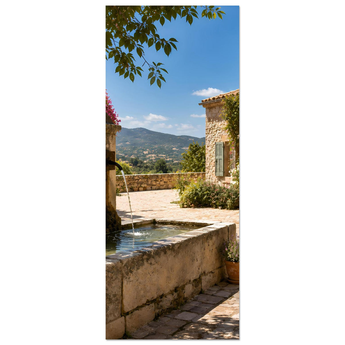Poster im Hochformat: Steinfountain mit Wasserbecken und mediterraner Fassadenansicht