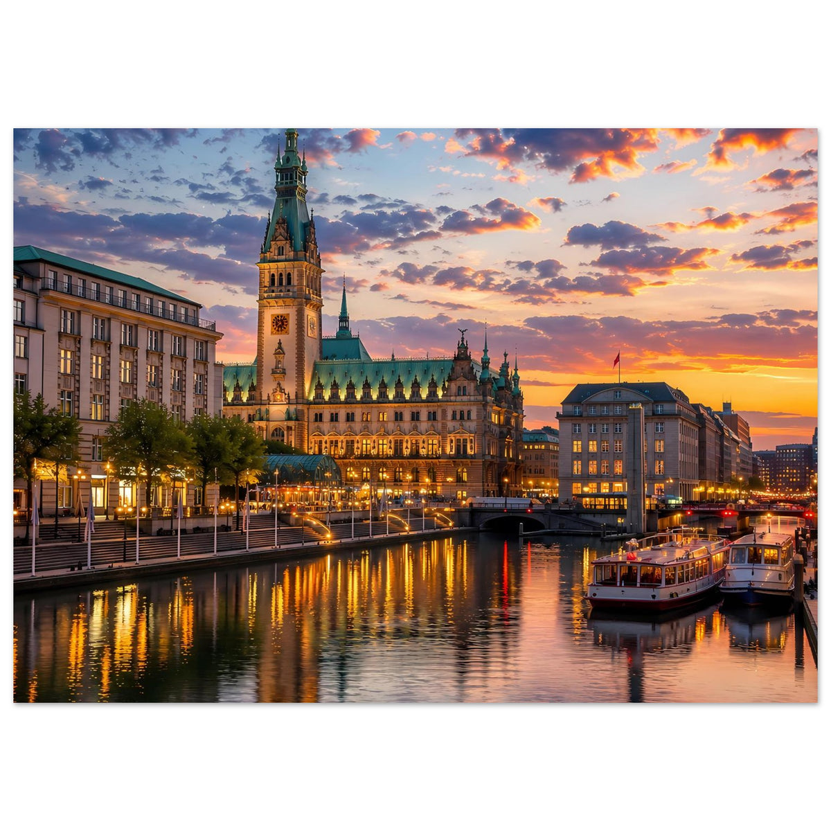 Stadtlandschafts-Poster mit beleuchtetem Gebäude, Flussufer, orangefarbenem Sonnenuntergang und Reflexen