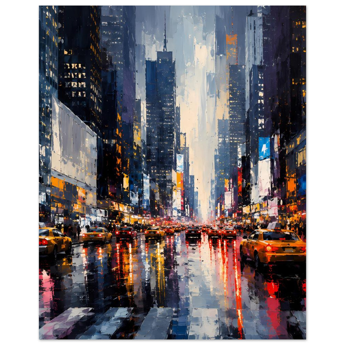 Vertikales Stadtmotiv-Poster mit regennasser Straße, orange Autos und spiegelnden Lichtstreifen
