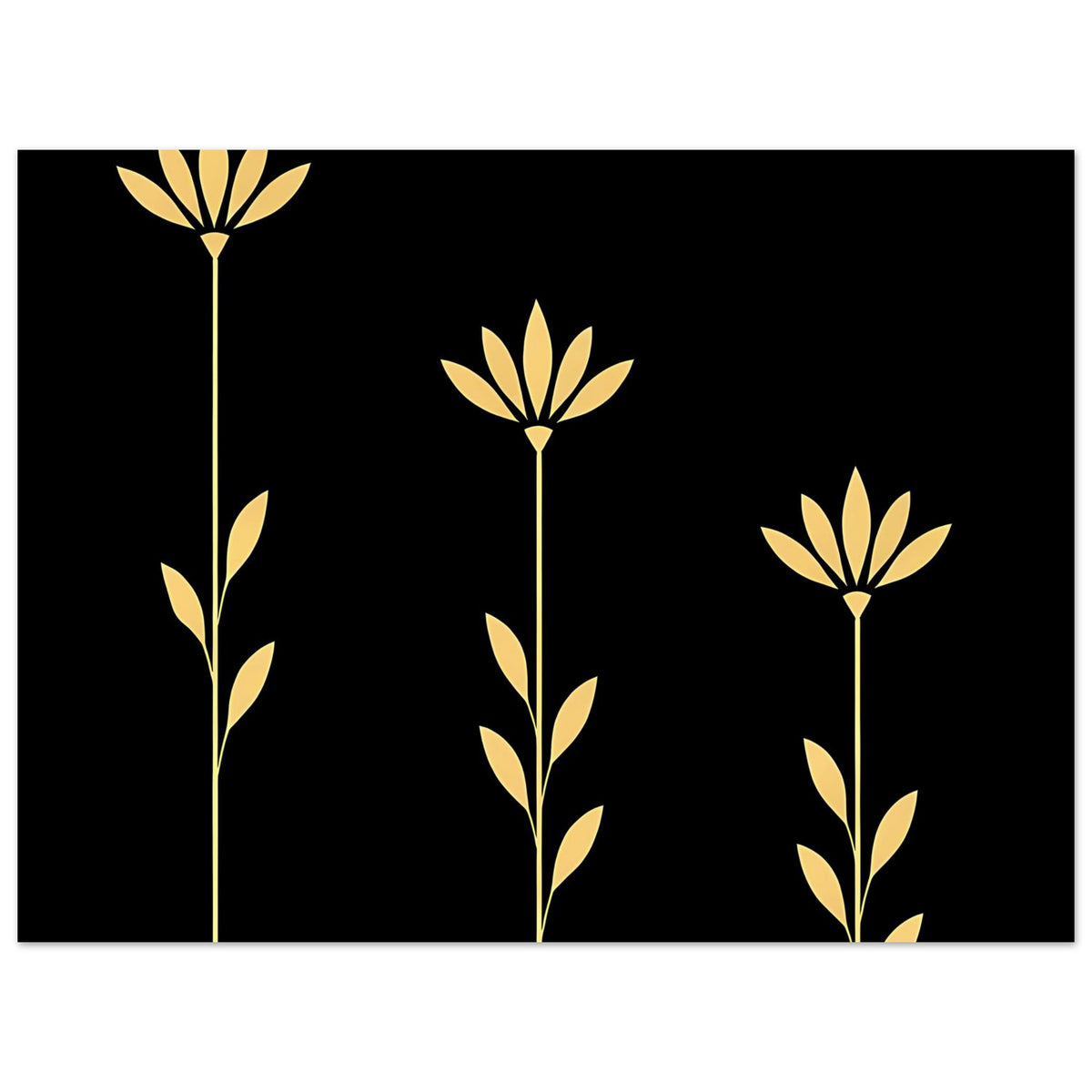 Botanisches Gold-Blumenposter, vertikal: goldene Blüten und Blätter auf schwarzem Hintergrund