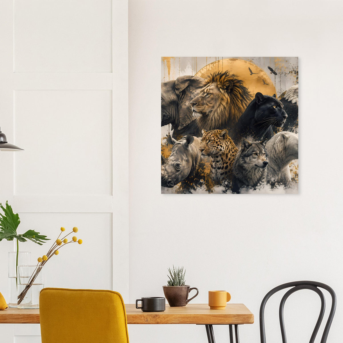 Wildtier-Poster mit Raubkatzenmix aus Löwe, Panther und Leopard in Gold-Schwarz