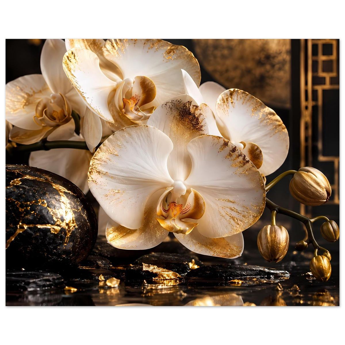 Poster mit weißen Orchideenblüten, goldene Deko-Elemente rechts und glänzende Steinflächen