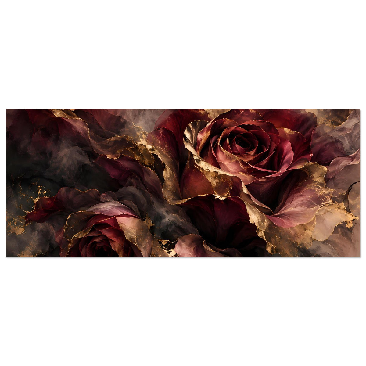 Querformatiges Rosen-Poster mit dunklen Blüten und goldenen Farbsprenkel-Akzenten