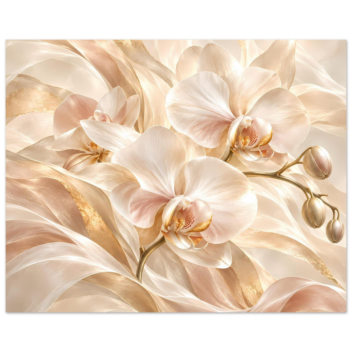 Orchideenposter, clusterartige weiße Orchideen mit goldfarbenen Schimmerakzenten