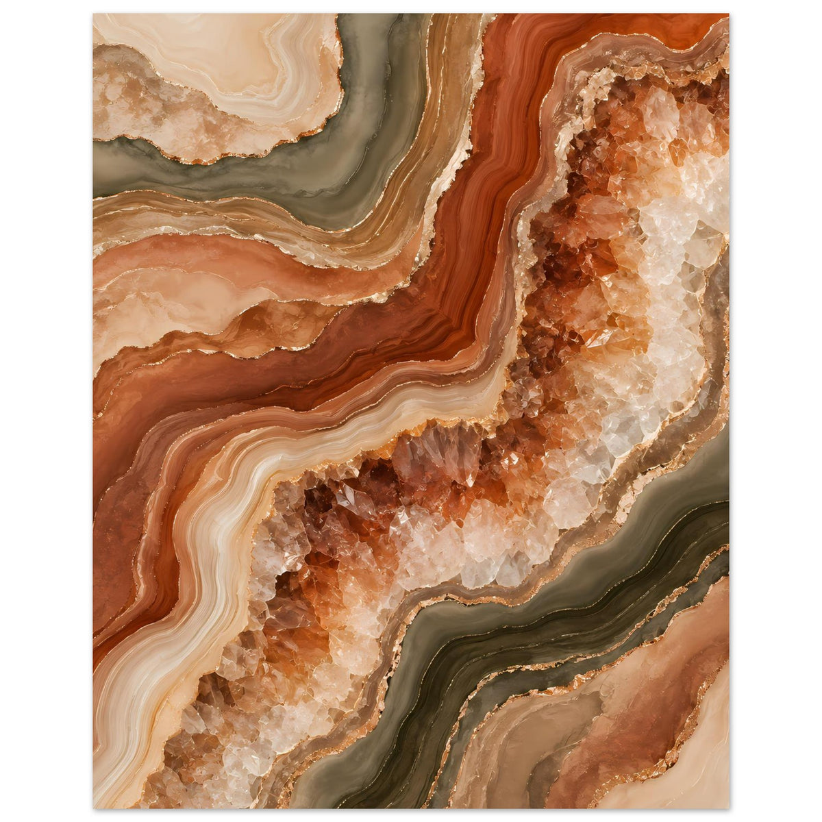 Poster: Abstrakte Geoden-Kunst mit warmen Braun- und Beigetönen, goldene Akzente