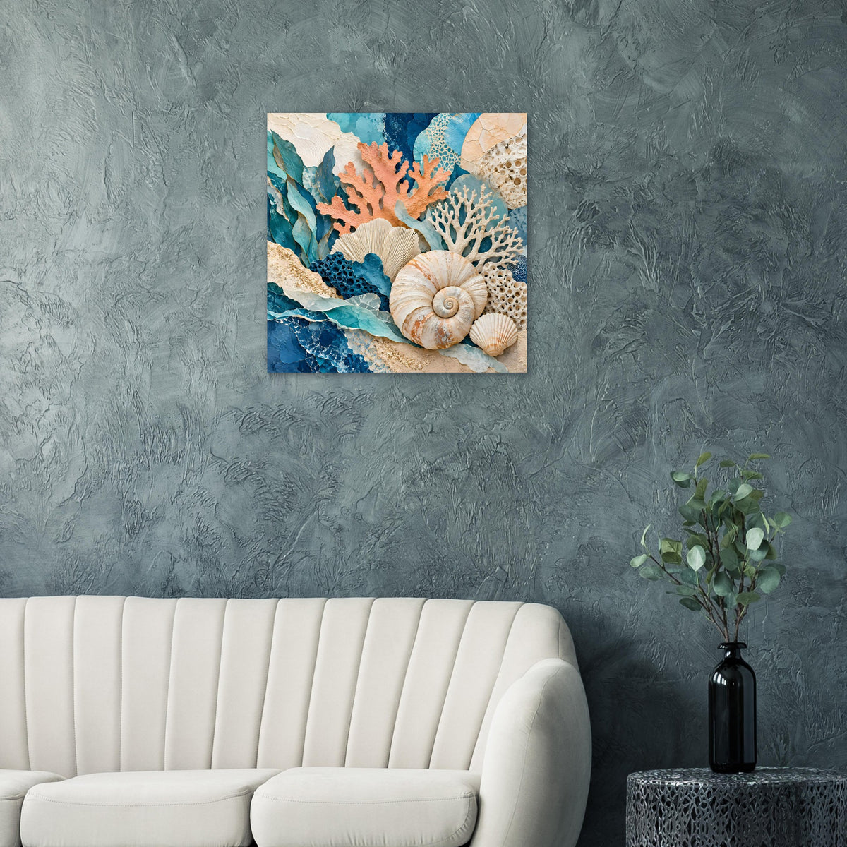 Meerestief-Poster mit Korallen und Muscheln, Blau- und Erdtöne für die Wand.