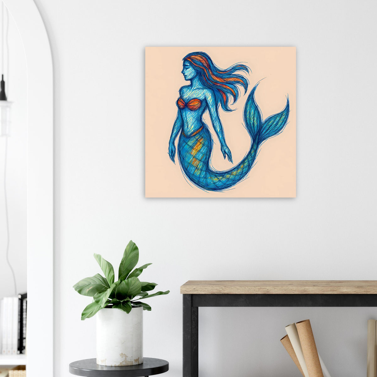 Gerahmtes Kunstposter mit blauer Meerjungfrau, blaues Motiv mit gelbem Muster am Schwanz