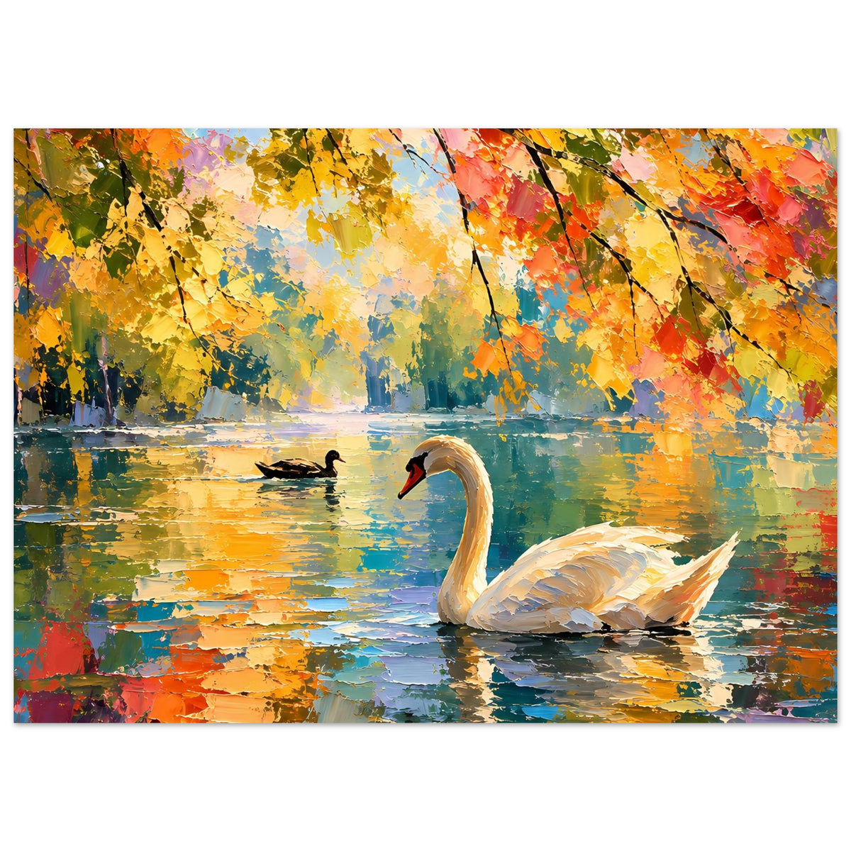 Poster mit weißem Schwan und kleinem Vogel im Wasser, lebendige Herbstfarben, Querformat