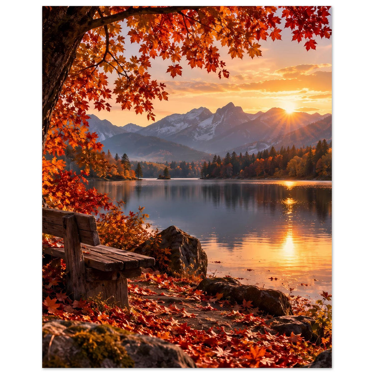Herbst-Landschaftsposter im Hochformat: rote Blätter, Seeufer mit Holzzaun und Sonne