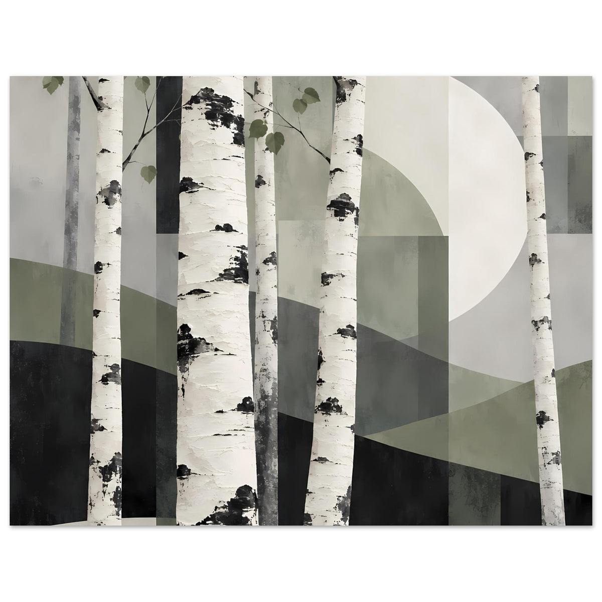 Naturposter mit Birkenwald-Abstraktion, weiße Baumstämme, grüne Blätter und geometrische Segmente