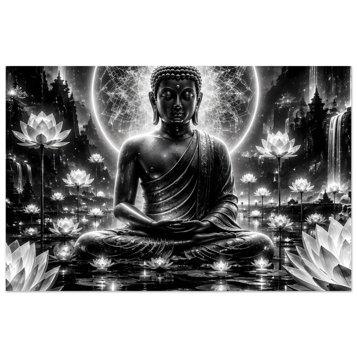 Poster im Querformat: sitzender Buddha mit leuchtendem Kreis, Mandala und Lotusblüten