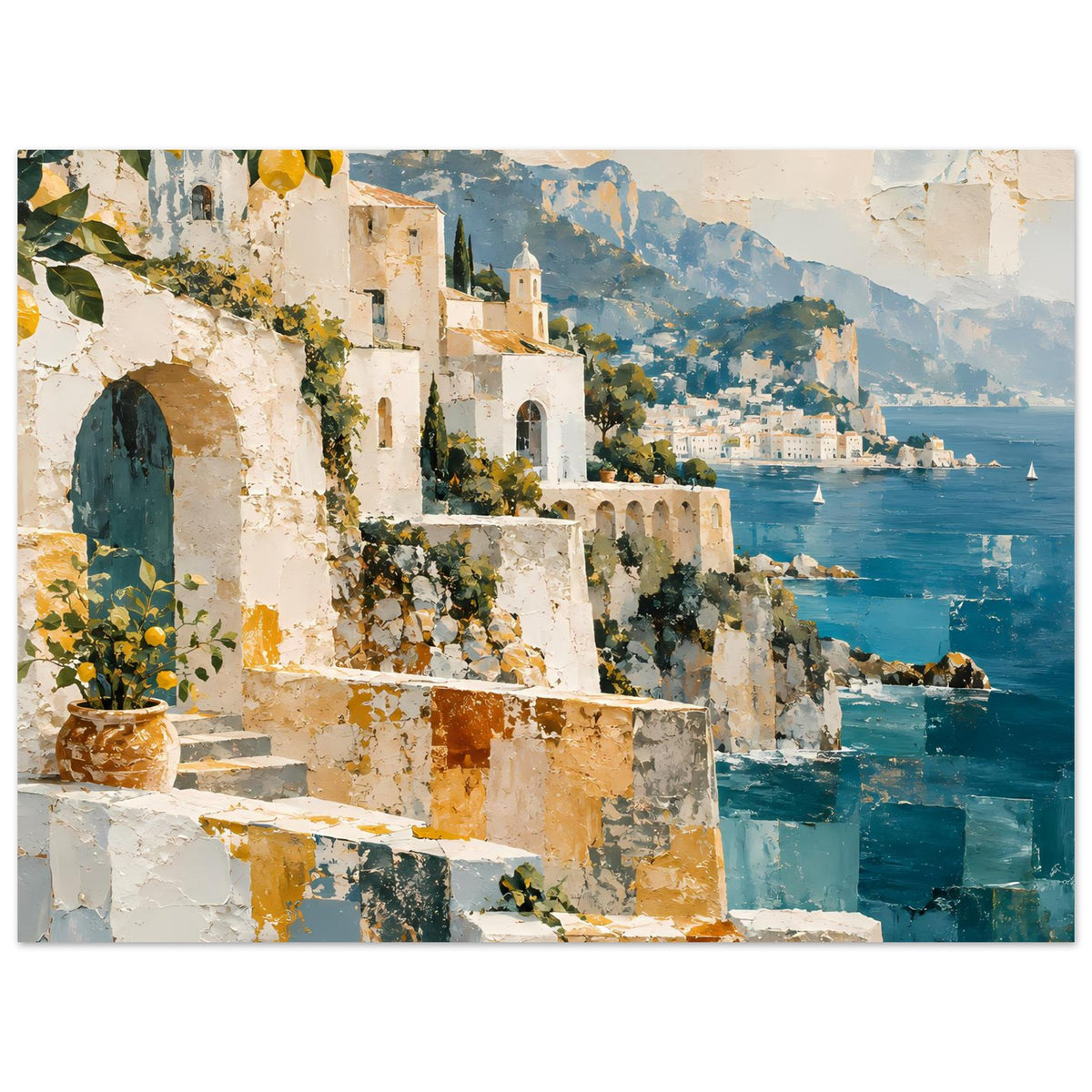 Kunstposter mit Uferblick: ockerfarbene Terrasse und Häuser, tiefblaues Wasser
