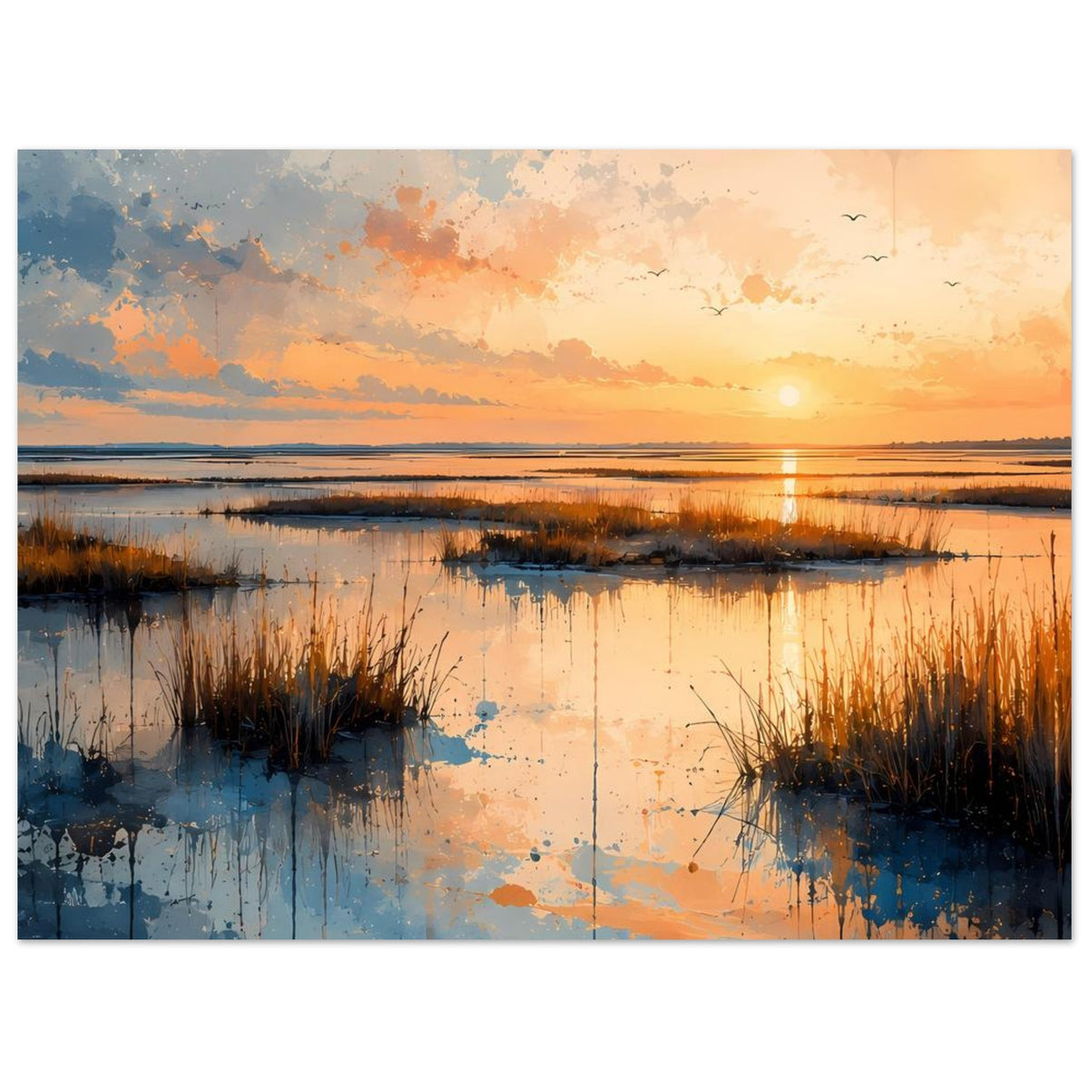 Kunstdruck im Panoramaformat: Sonnenuntergang, ruhige Küste, Schilf und Wasserreflexion