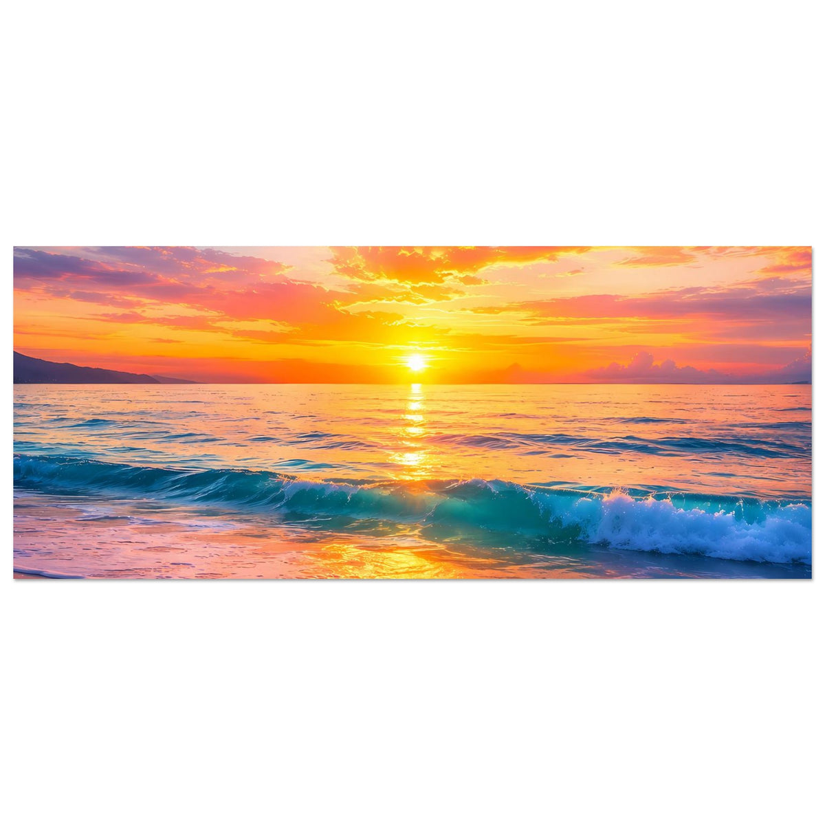 Sonnenuntergangs-Strandposter, horizontal: Sonnenschein über Küstenlinie, sanfte Brandung