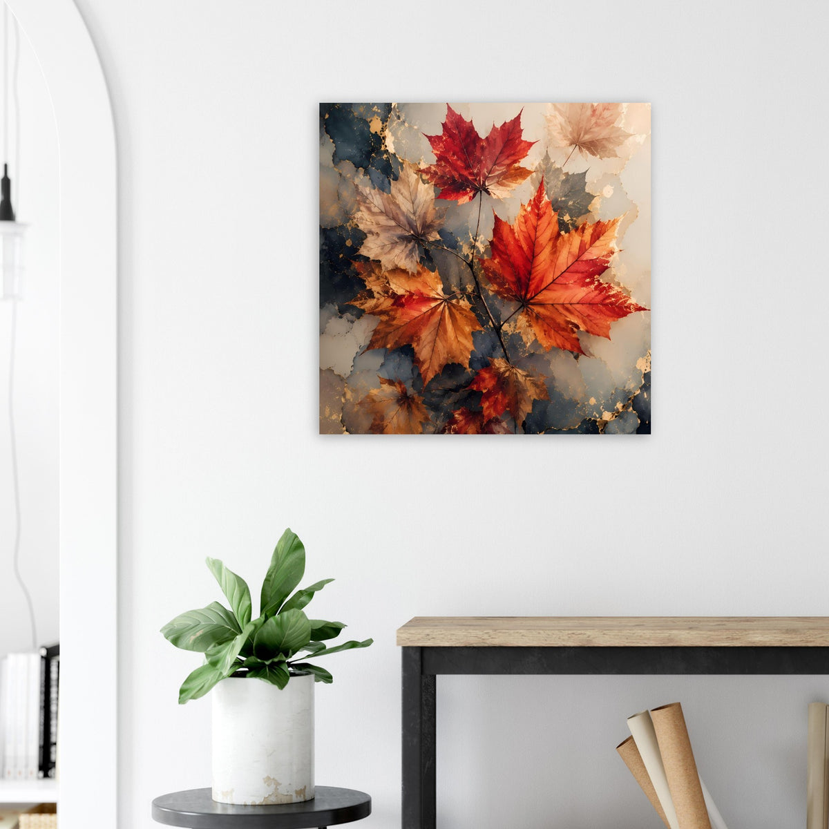 Wandposter mit Ahornblättern: roter Hauptast, orange und beige Blätter, abstrakte Komposition.