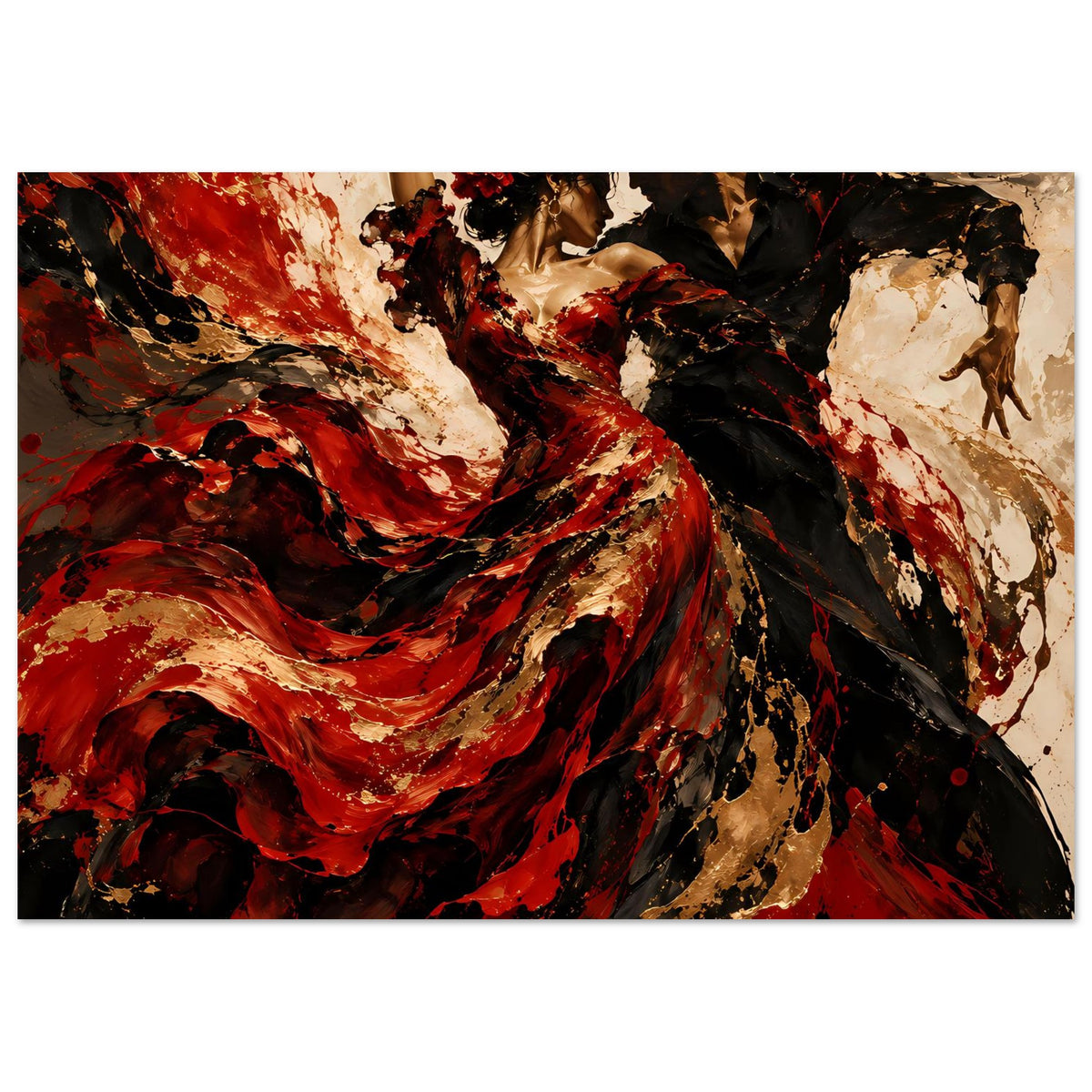 Horizontales Poster mit zwei Flamenco-Tänzerinnen, wehender roter Rock, schwarz-goldene Sprenkel