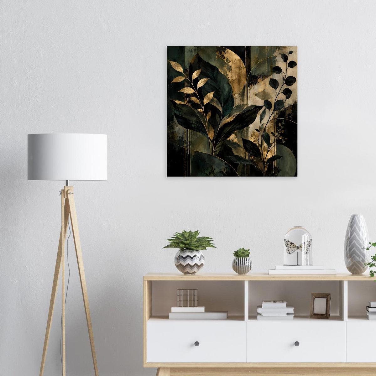 Kunstposter mit botanischer Illustration in dunkelgrün und goldfarbenen Blättern