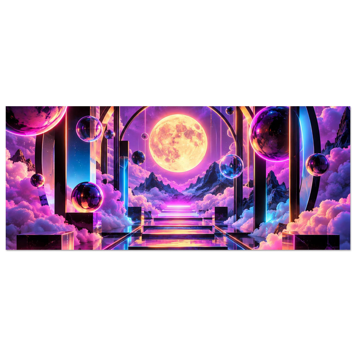 Querformatiges Poster: Neon-Gewölbe, leuchtende Sonne, Planeten und Wolken über reflektierendem Boden