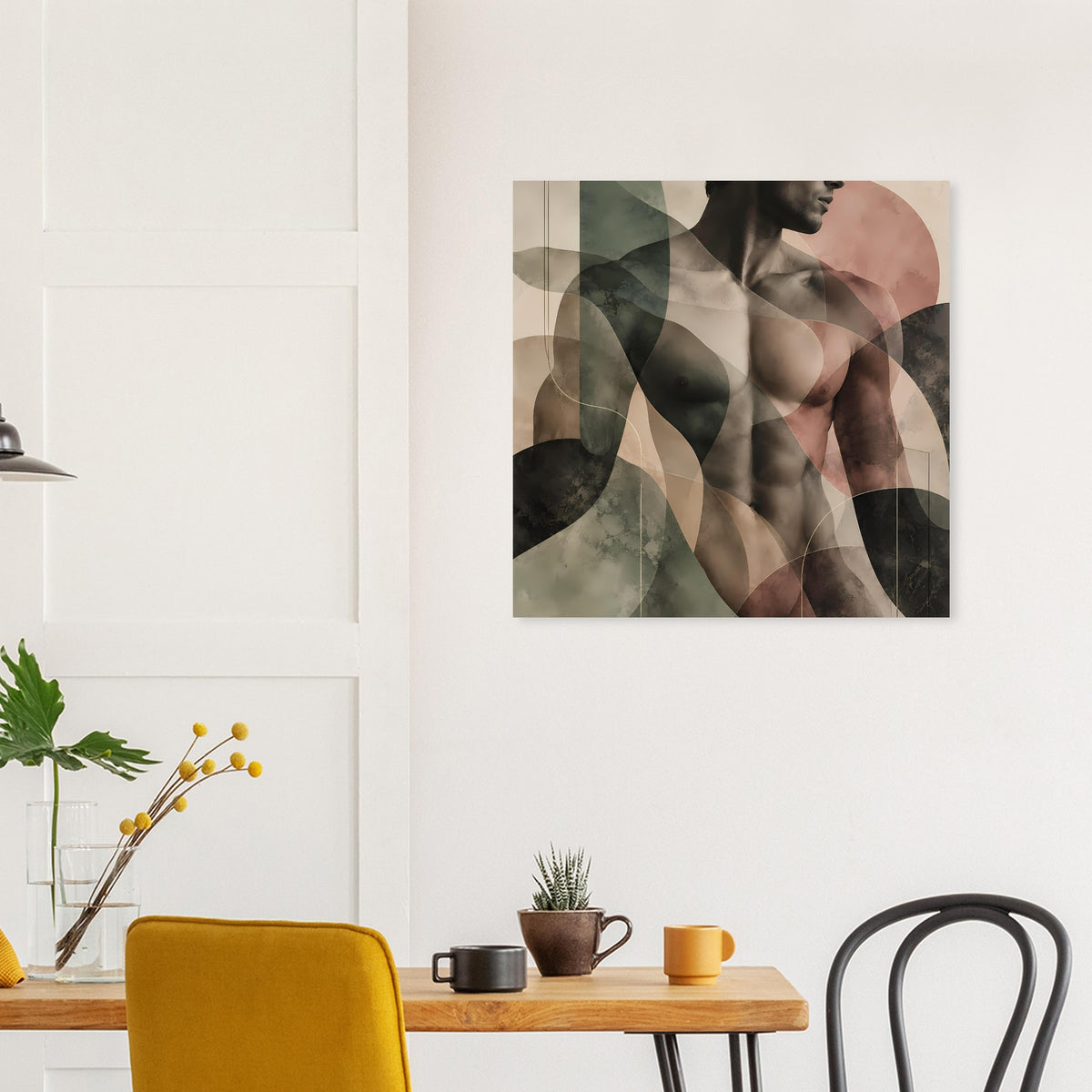 Quadratischer Kunstdruck mit abstrakter Aktfigur in erdigen Tönen, Blick auf Oberkörper